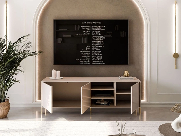 Szafka RTV glamour pod telewizor z drzwiczkami na złotych prostych nogach Vivance Kaszmir połysk