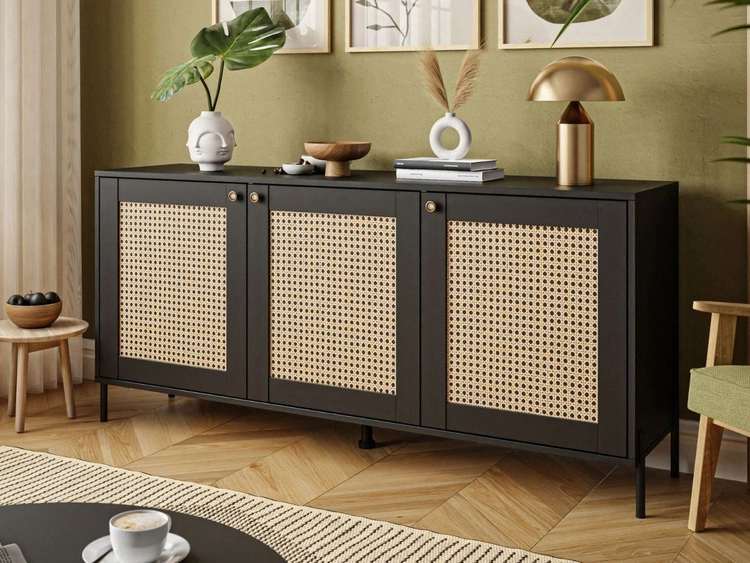 Komoda trzydrzwiowa z nadrukiem plecionki w stylu boho Bellance czarna