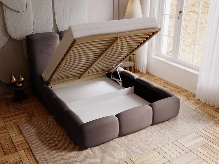 Łóżko tapicerowane z pojemnikiem i stelażem 120x200 cm Bubble Brązowe