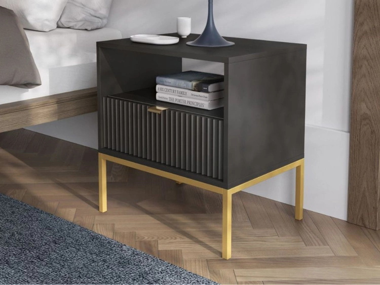Stolik nocny z szufladą Amber czarny na złotych nogach