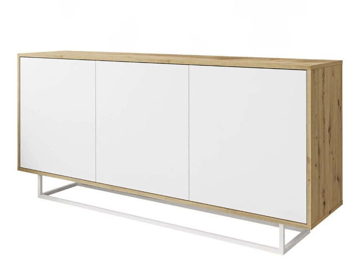 Trzydrzwiowa komoda 154 cm w stylu loft na białym stelażu Vivance biały mat i dąb artisan