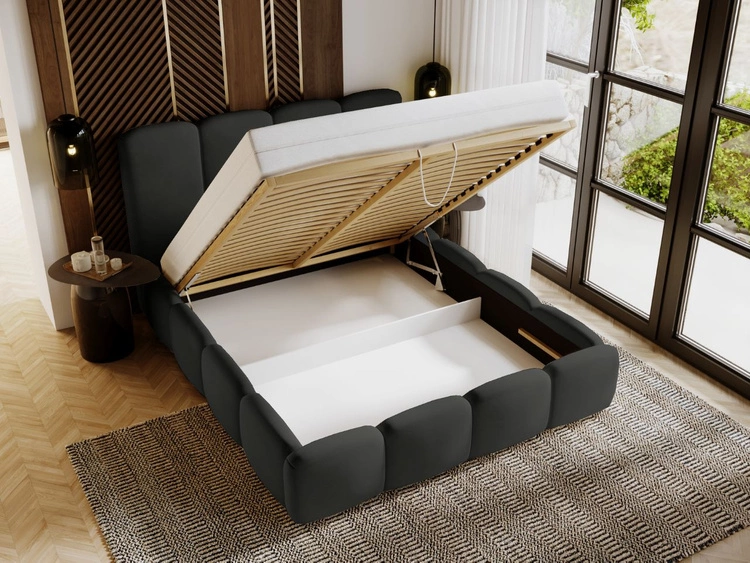 Łóżko tapicerowane z pojemnikiem i stelażem 180x200 Galli Czarne