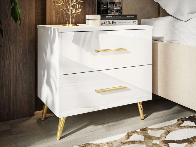 Stolik nocny z szufladami na złotych nogach Nuveo Biały połysk