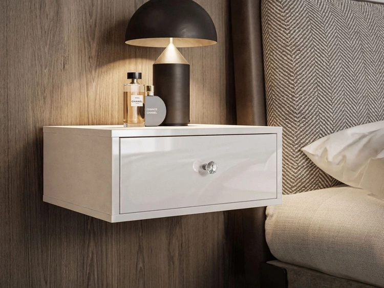 Stolik nocny wiszący z szufladą i kryształowym uchwytem Brisa biały połysk