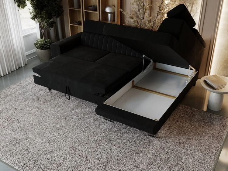 Narożnik z funkcją spania i pojemnikiem Berona prawy Czarny