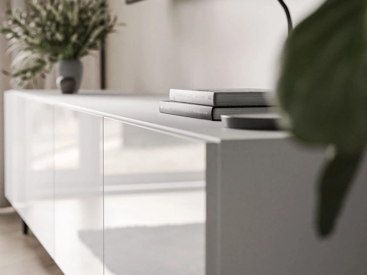 Szafka RTV pod telewizor z drzwiczkami na czarnych nóżkach 200 cm Nodoo Biały połysk