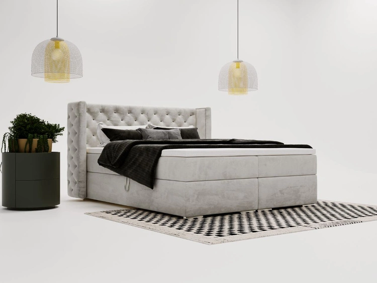 Łóżko kontynentalne z pojemnikiem na pościel 140x200 cm Lion Jasnoszare