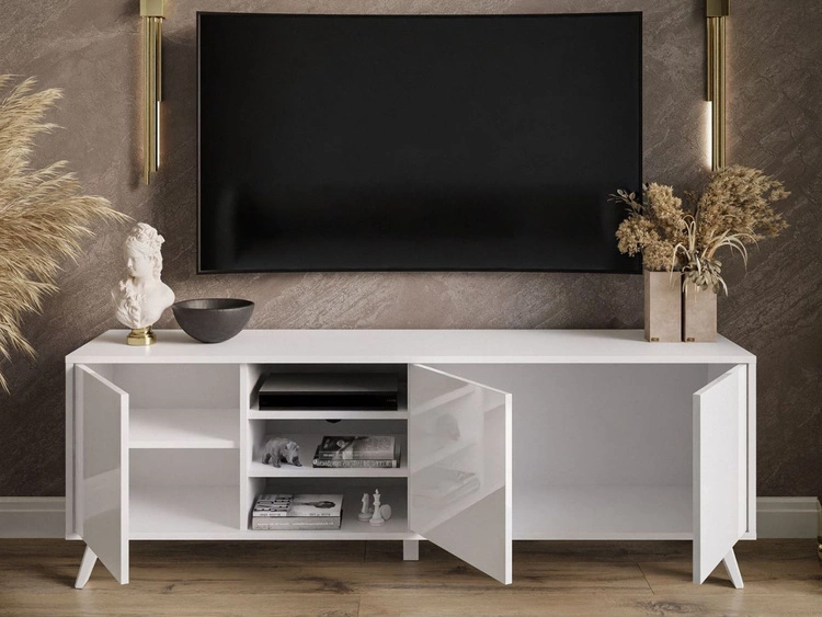 Szafka RTV pod telewizor z drzwiczkami na białych nóżkach Vivance Biały połysk