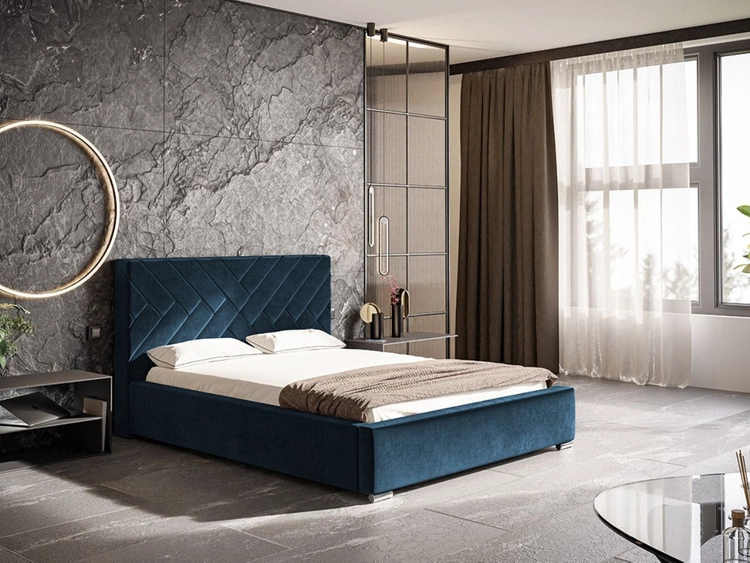 Łóżko tapicerowane z pojemnikiem i stelażem 140x200 Tonale Granatowe