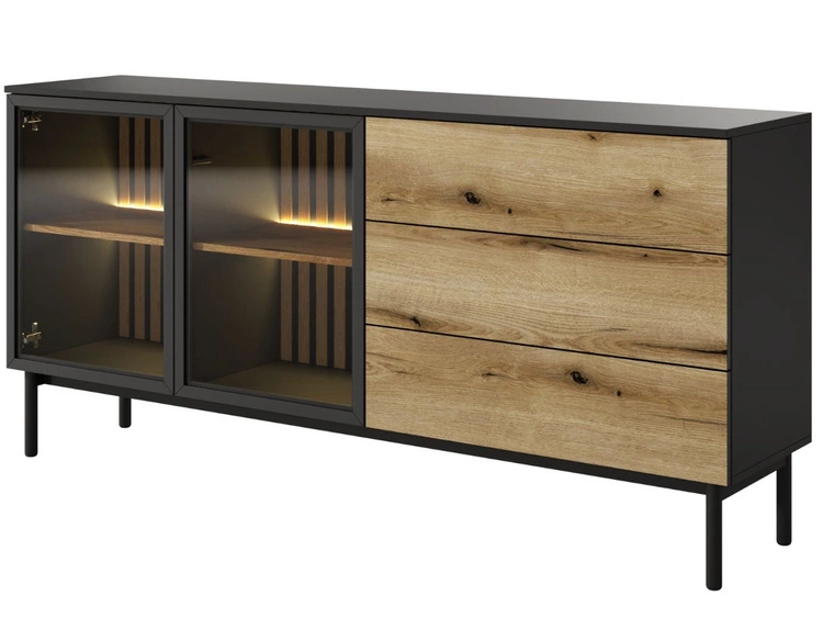 Komoda z drzwiami i szufladami 180 cm Loara Czarna, Dąb Evoke
