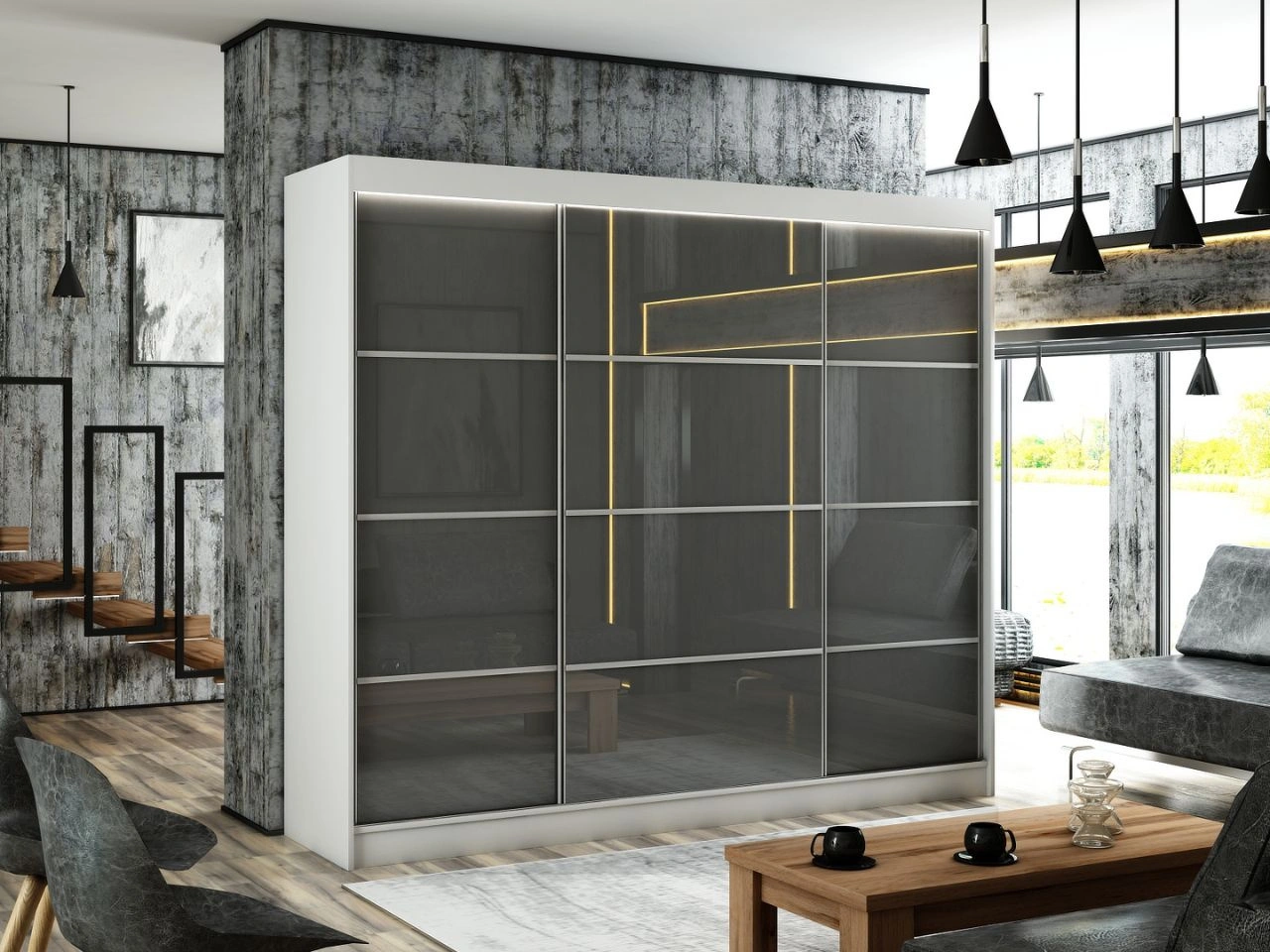 Szafa przesuwna ze szprosami 250 cm z oświetleniem LED Ponti Biała, Szara