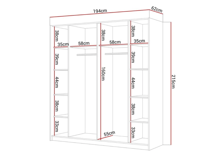 Szafa dwudrzwiowa z drzwiami przesuwnymi i lustrami 194 cm Nuveo Czarny połysk