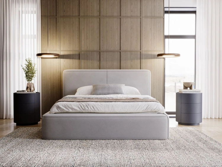 Łóżko tapicerowane z pojemnikiem i stelażem 200x200 Amaro Szare