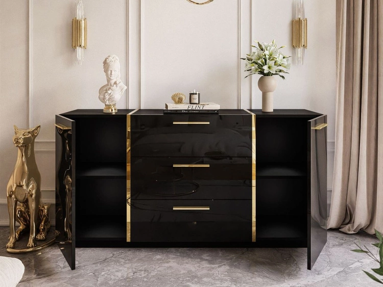 Dwudrzwiowa komoda 158 cm z trzema szufladami Lunelie czarny połysk