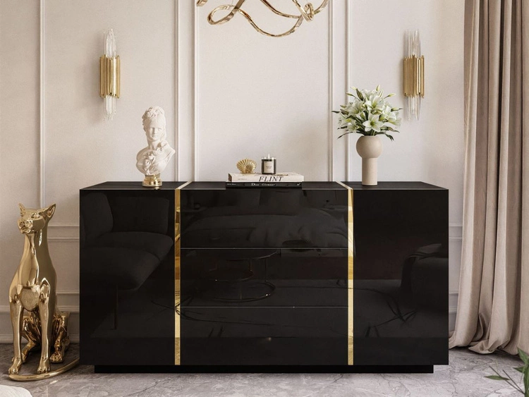 Dwudrzwiowa komoda 158 cm z trzema szufladami Lunelie czarny połysk