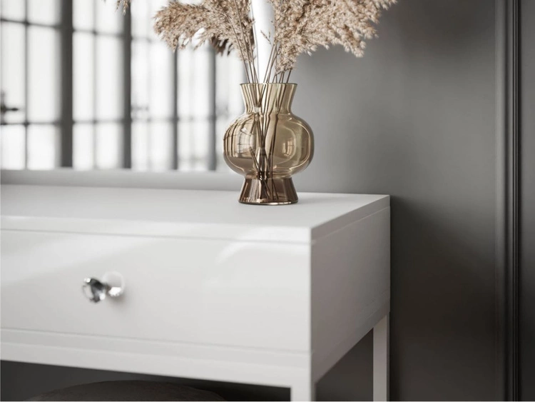 Toaletka kosmetyczna prawostronna z szufladami i oświetleniem LED na białych nogach Clarette Biały połysk