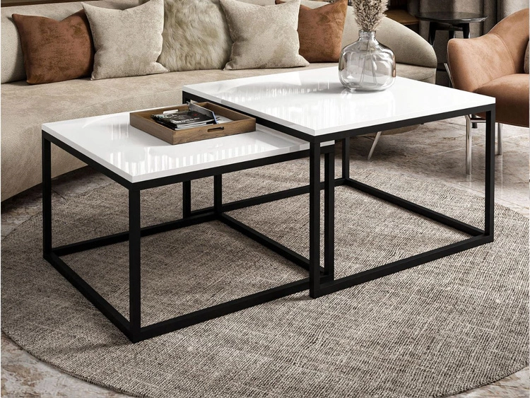 Stolik kawowy na czarnym stelażu Asumi Biały Połysk 40x42