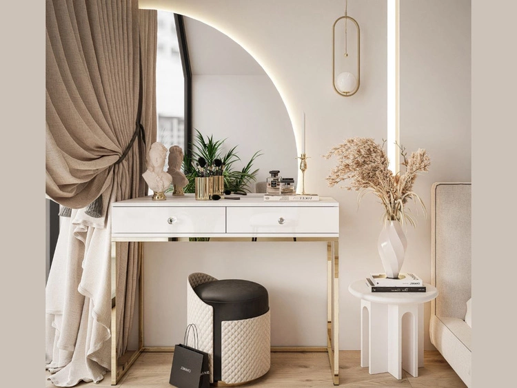 Toaletka kosmetyczna prawostronna z szufladami i oświetleniem LED na złotych nogach Clarette Biały połysk