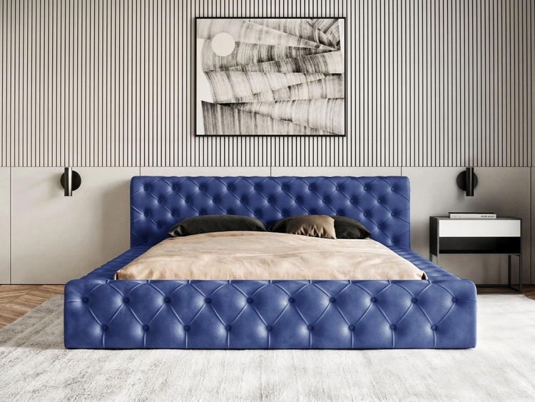 Łóżko tapicerowane z pojemnikiem i stelażem 140x200 cm Palini Ciemnoniebieskie