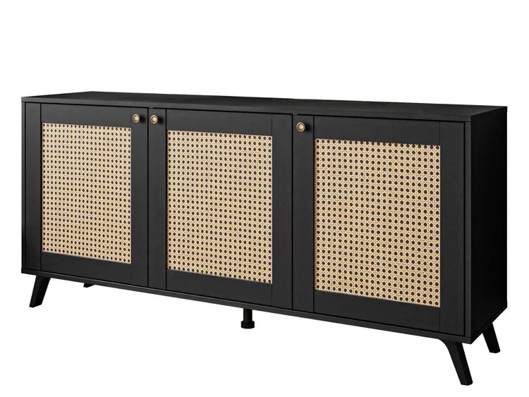 Komoda boho trzydrzwiowa z nadrukiem plecionki Bellance czarna