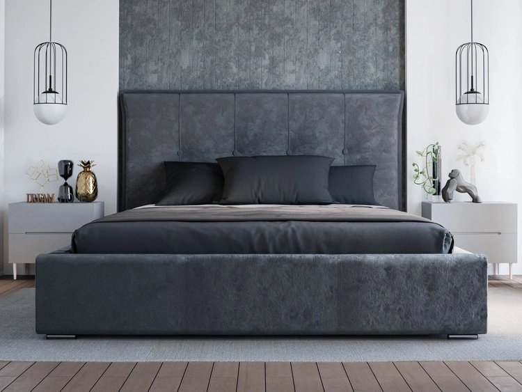 Łóżko tapicerowane z pojemnikiem i stelażem 200x200 Valencia Ciemny szary