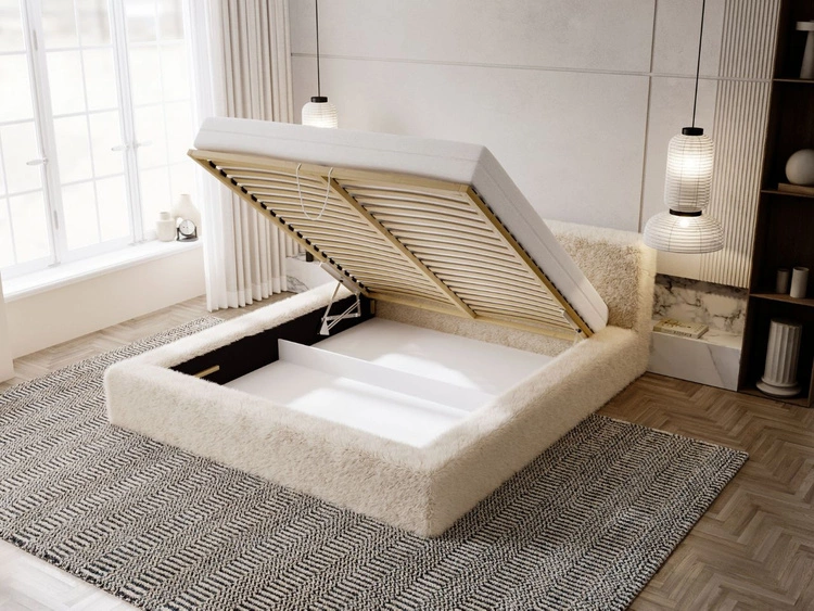 Łóżko tapicerowane z pojemnikiem i stelażem 160x200 cm Enjoy Beżowe