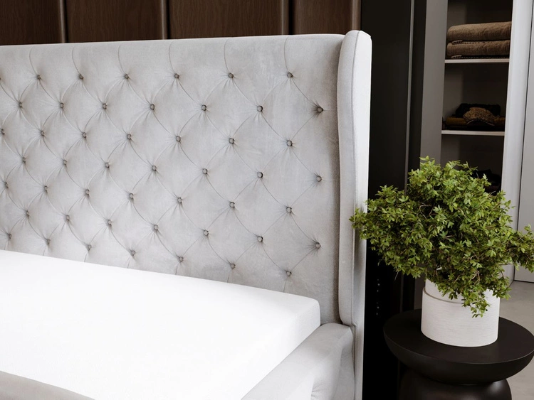 Łóżko tapicerowane z pojemnikiem na pościel i stelażem 200x200 Kingston Jasnoszare