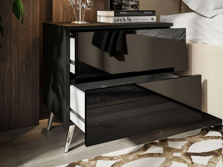 Stolik nocny z szufladami na srebrnych nogach Nuveo Czarny połysk