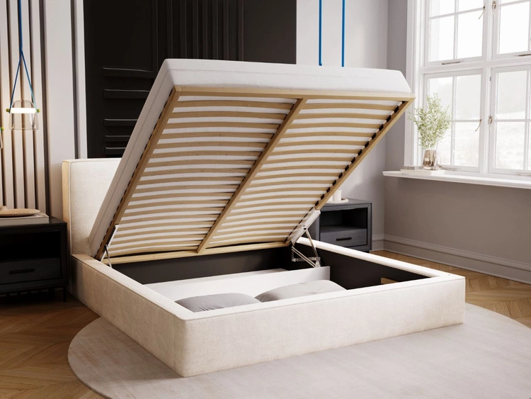 Łóżko tapicerowane z pojemnikiem i stelażem 140x200 Monaco Kremowe