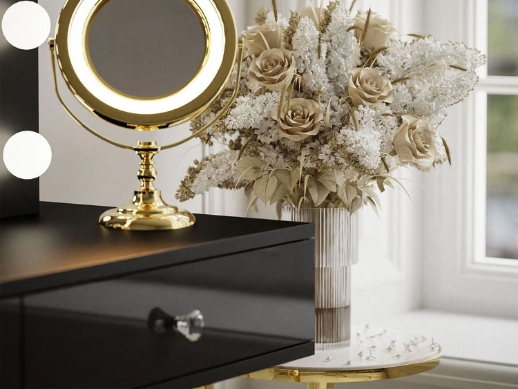 Toaletka kosmetyczna glamour z szufladami, lustrem i oświetleniem LED Olivine czarny połysk