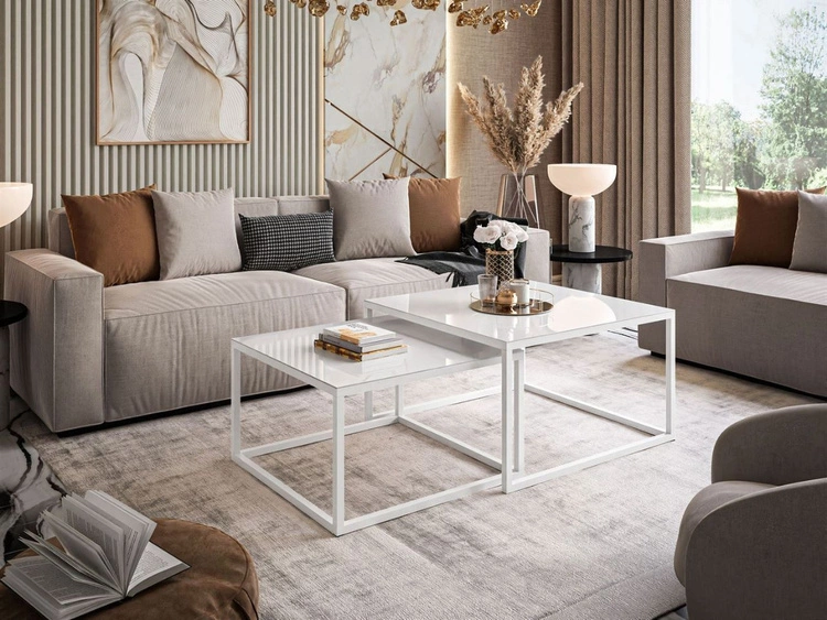 Stolik kawowy na białym stelażu z szklanym blatem Asumi Biały 35x41