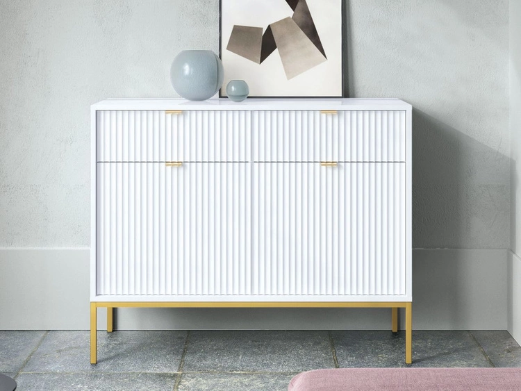 Komoda z drzwiami i szufladami Amber biała na złotych nogach