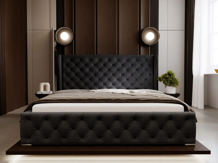 Łóżko tapicerowane z pojemnikiem na pościel i stelażem 200x200 Kingston Czarne