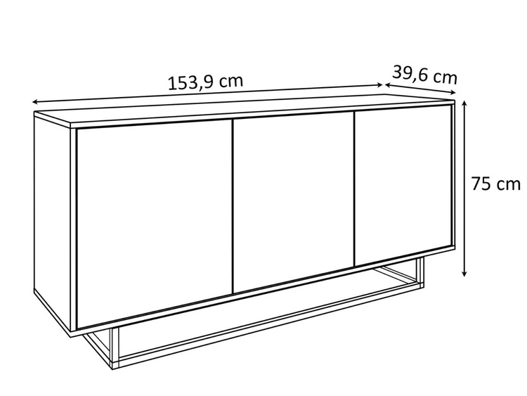 Trzydrzwiowa komoda 154 cm w stylu loft na czarnym stelażu Vivance biały mat i dąb artisan