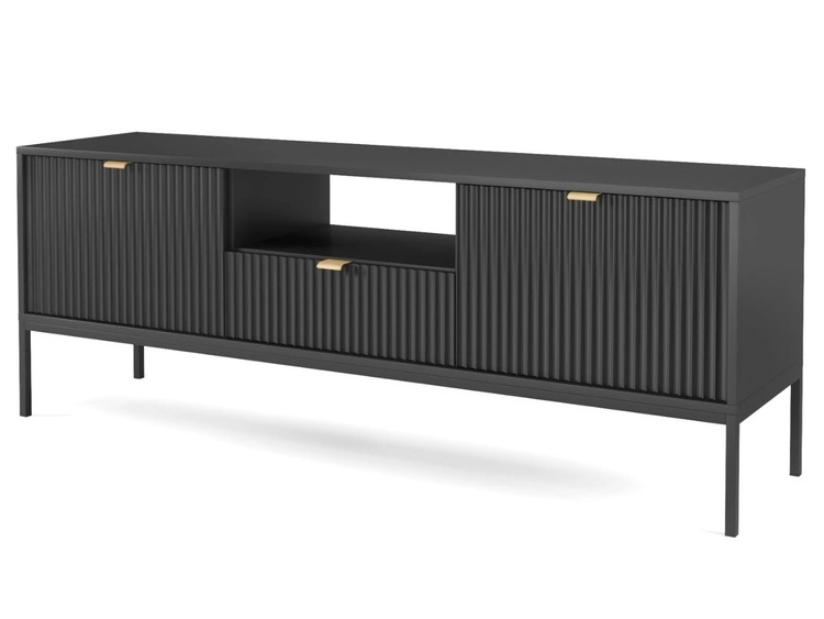 Szafka pod telewizor z szufladami i drzwiczkami Amber czarna na czarnych nogach