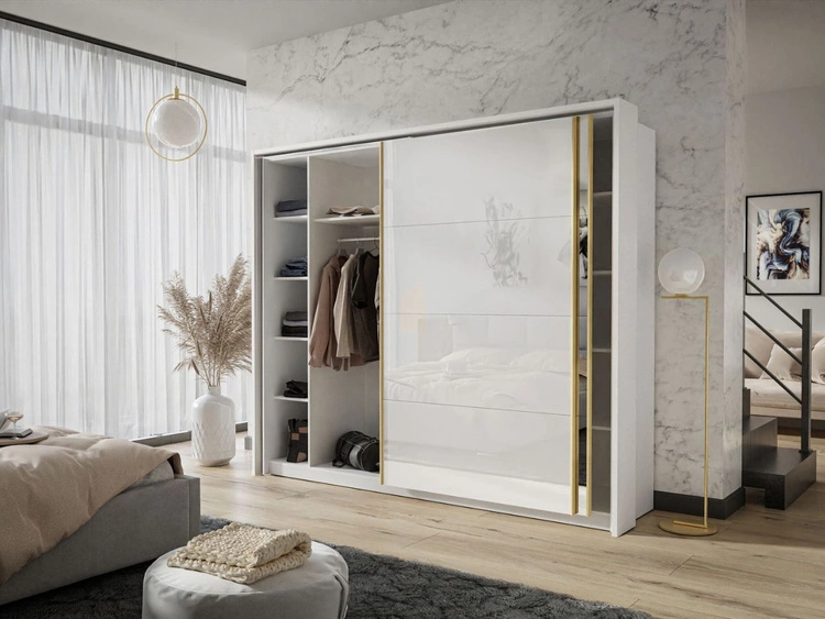 Szafa dwudrzwiowa z drzwiami przesuwnymi, nadstawką i lustrem 254 cm Noaé Biały połysk