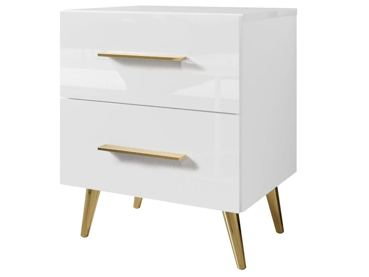 Stolik nocny z szufladami na złotych nogach Noaé Lux Biały połysk