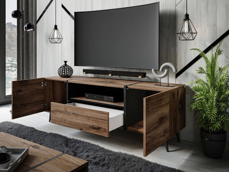 Szafka RTV w stylu loft z szafkami i szufladą Lunelie dąb Flagstaff