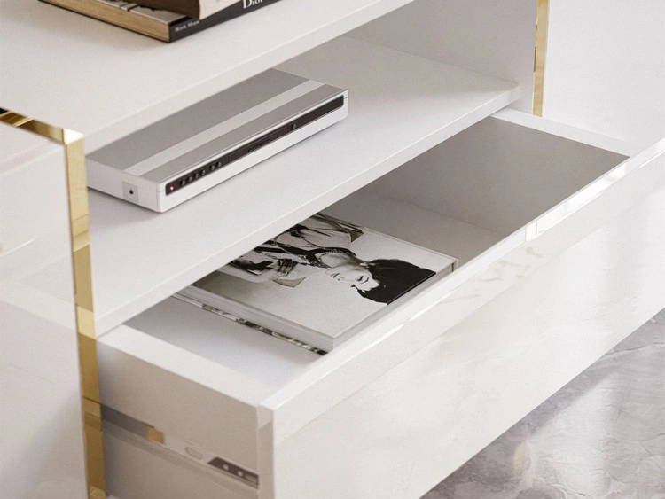 Szafka RTV w stylu glamour dwudrzwiowa z szufladą Lunelie biały połysk