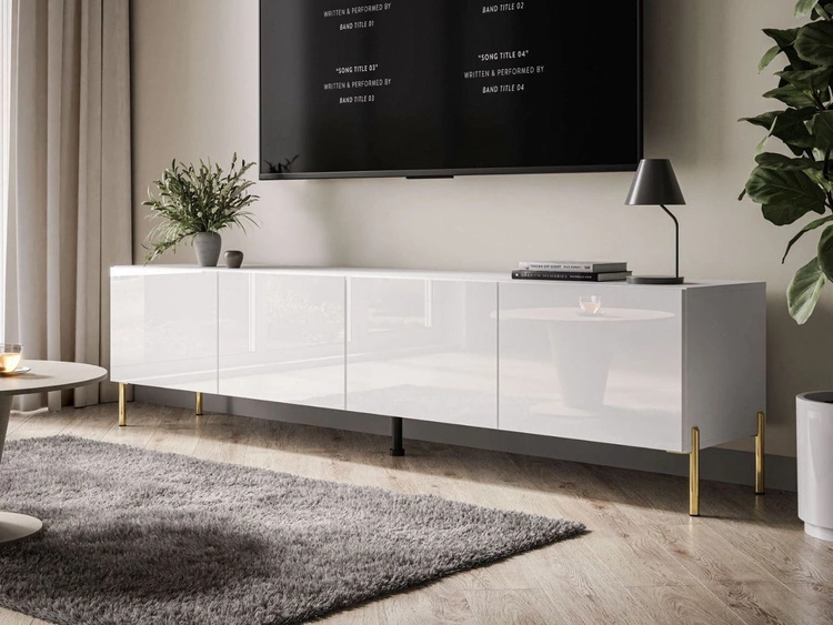 Szafka RTV pod telewizor z drzwiczkami na złotych nóżkach 200 cm Nodoo Biały połysk