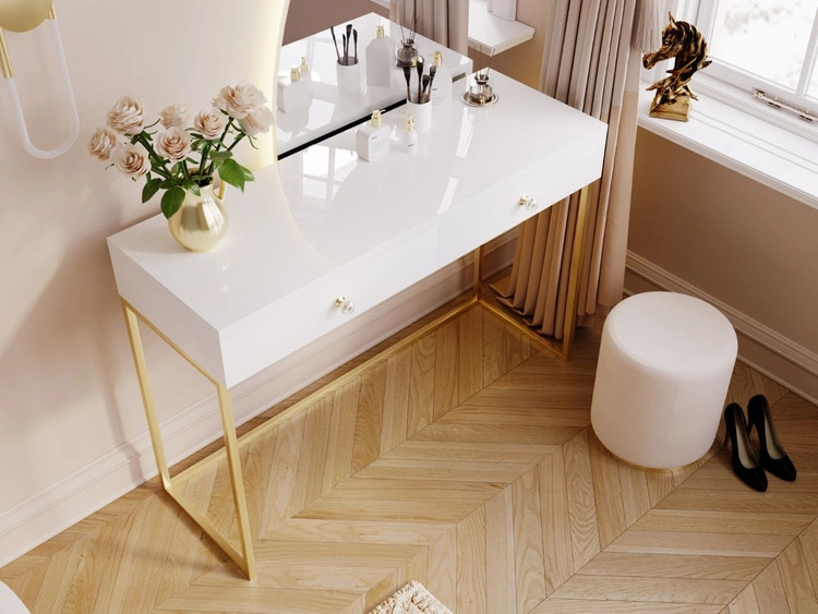 Toaletka z szufladami Belleza Biały połysk Złoty stelaż