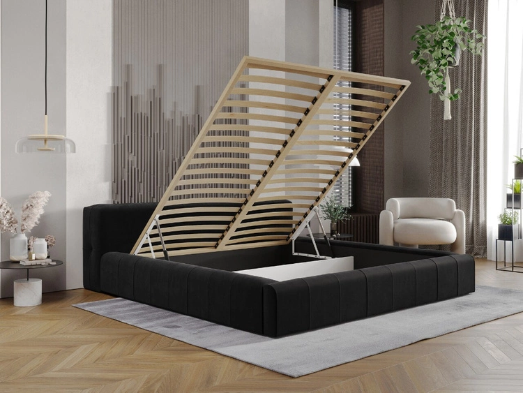 Łóżko tapicerowane z pojemnikiem i stelażem 140x200 Lipari Czarny