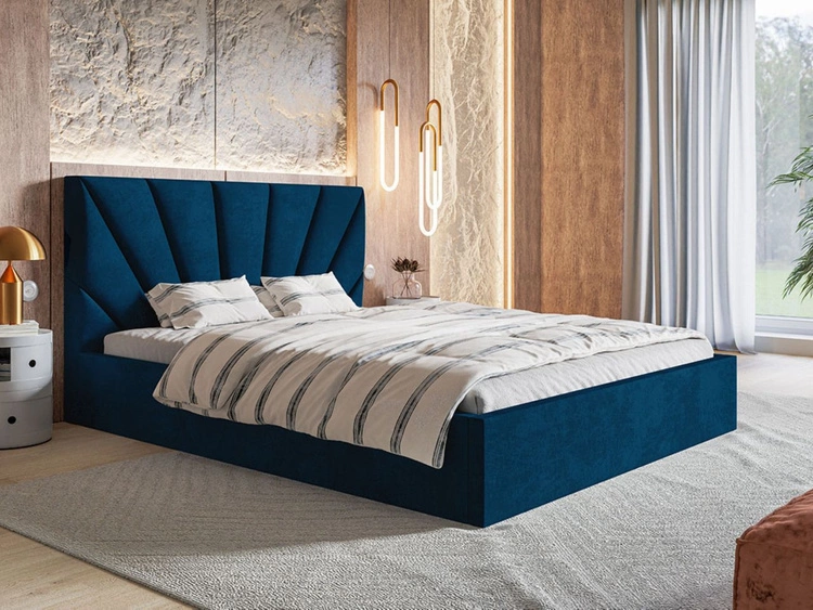 Łóżko tapicerowane z pojemnikiem i stelażem 160x200 Orlo granatowe