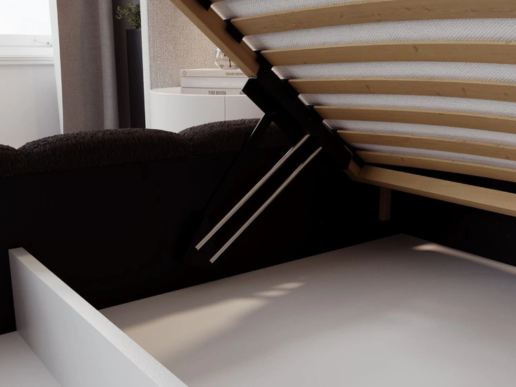 Łóżko tapicerowane z pojemnikiem na pościel i stelażem 200x200 Modo w tkaninie bouclé Czarne