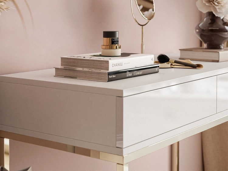 Konsola z szufladami i złotym stelażem w stylu glamour Brisa biały połysk