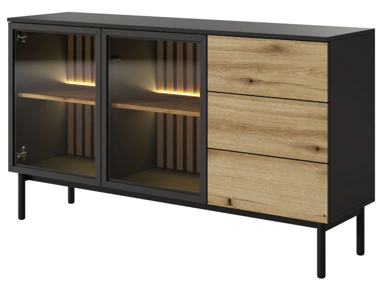 Komoda z drzwiami i szufladami 150 cm Loara Czarna, Dąb Evoke