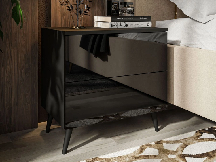 Stolik nocny z szufladami na czarnych nogach Nuveo Czarny połysk
