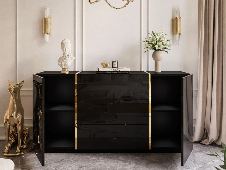 Dwudrzwiowa komoda 158 cm z trzema szufladami Lunelie czarny połysk