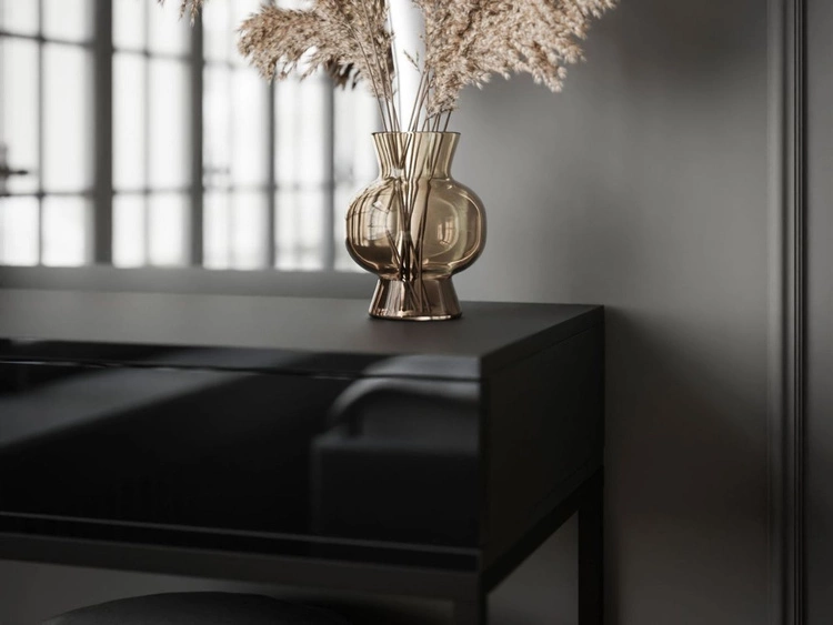 Toaletka kosmetyczna prawostronna z szufladami i oświetleniem LED na czarnych nogach Clarette Czarny połysk