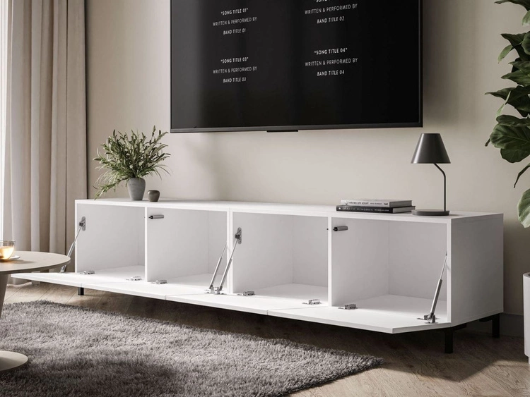 Szafka RTV pod telewizor z drzwiczkami na czarnych nóżkach 200 cm Nodoo Biały połysk